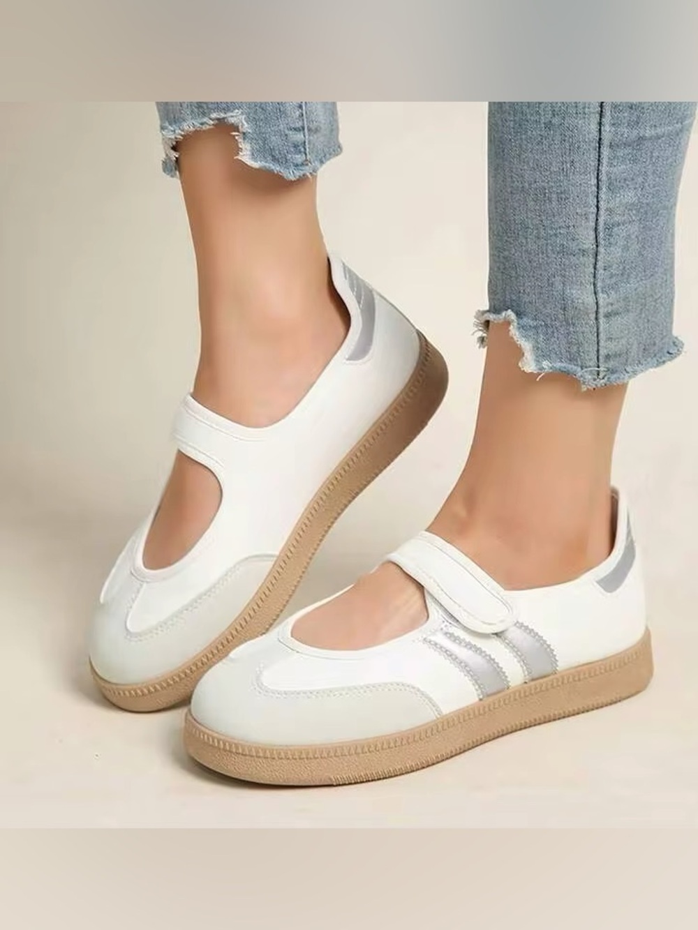 White & Silver Mary-Jane Casual Sneakers with Beige Sole - Women’s Size 39/8.5